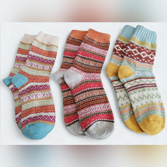 3 Boho M/L Fair Isle Artisy Nordic Granny Wool Cotton Knit Socks Gift Ready New - Picture 1 of 3